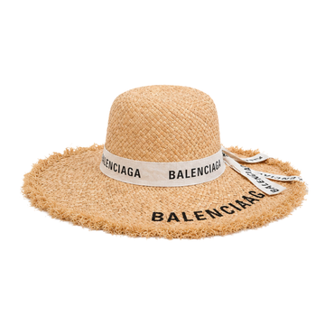 Balenciaga Logo-Ribbon Straw Sun Cap Natural Beige