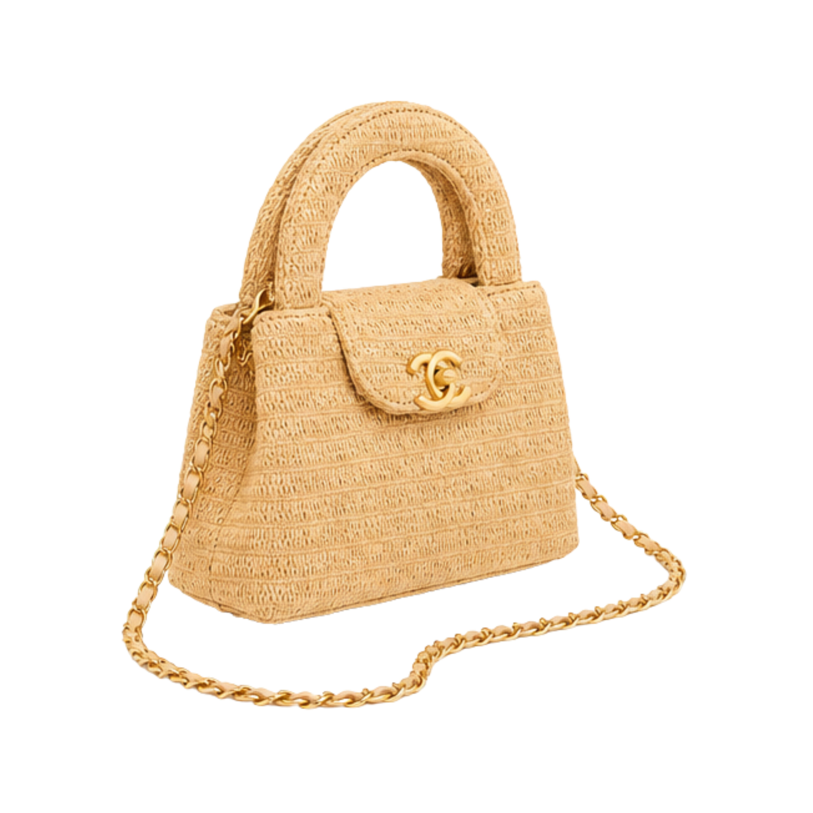 Chanel Nano Kelly Braided Raffia Dark Beige Bag