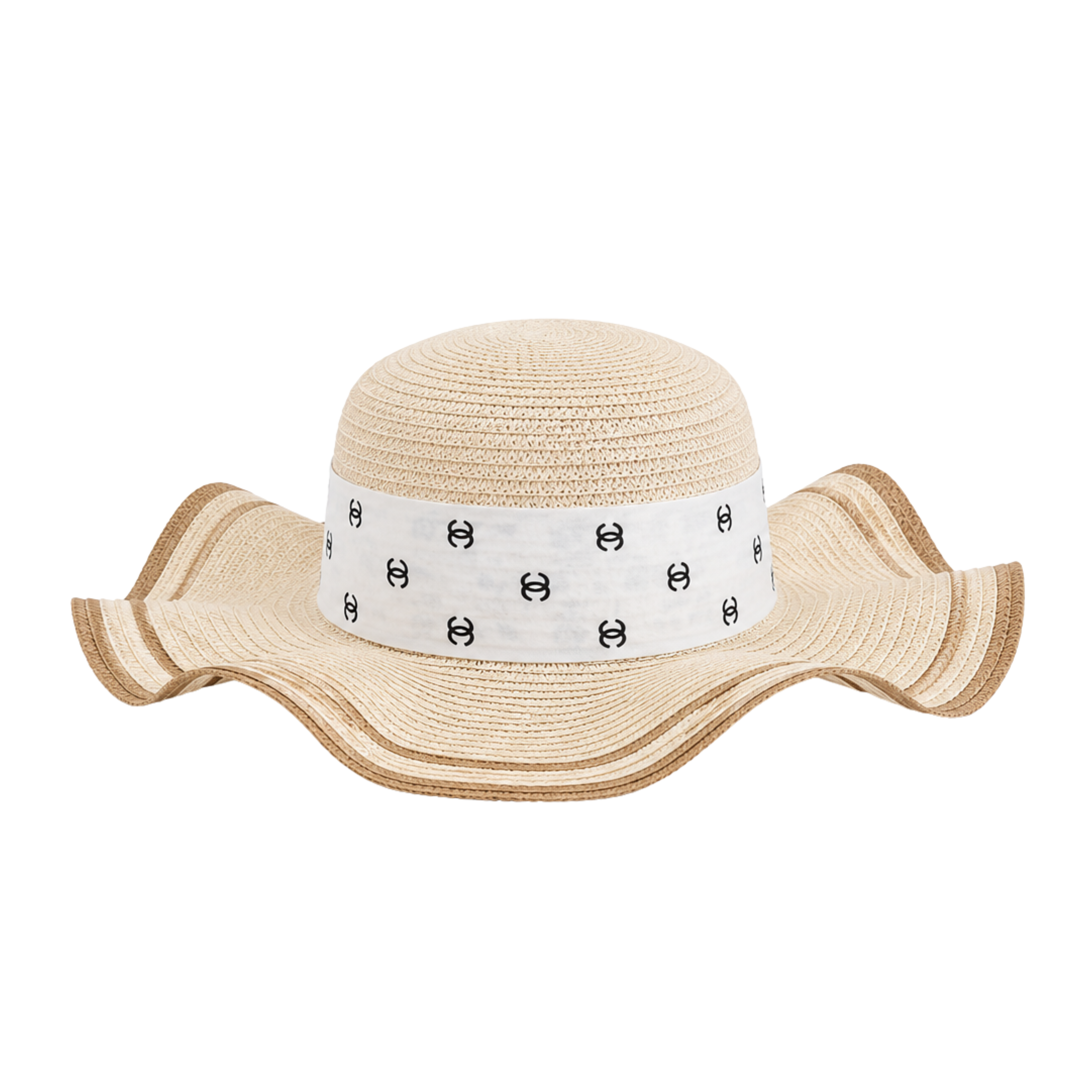 Chanel Wide-Brim CC Denim Band Straw Cap Beige