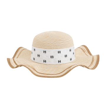 Chanel Wide-Brim CC Denim Band Straw Cap Beige