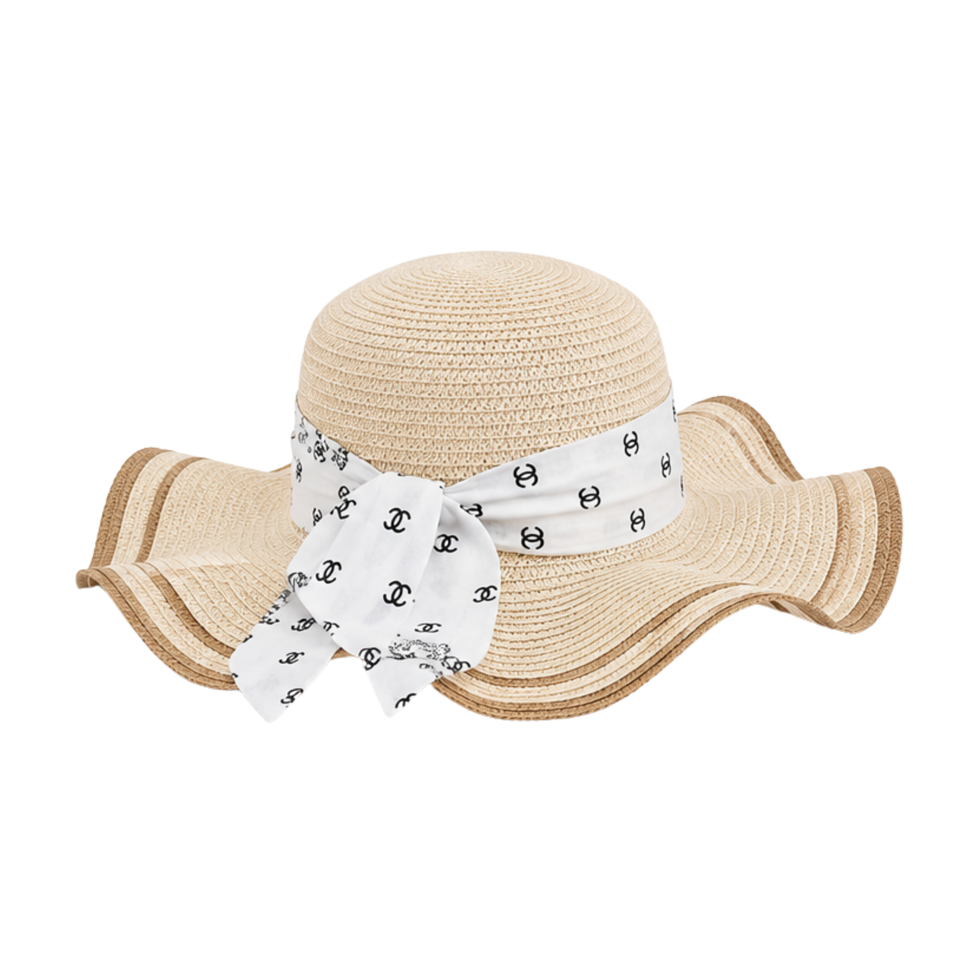 Chanel Wide-Brim CC Denim Band Straw Cap Beige