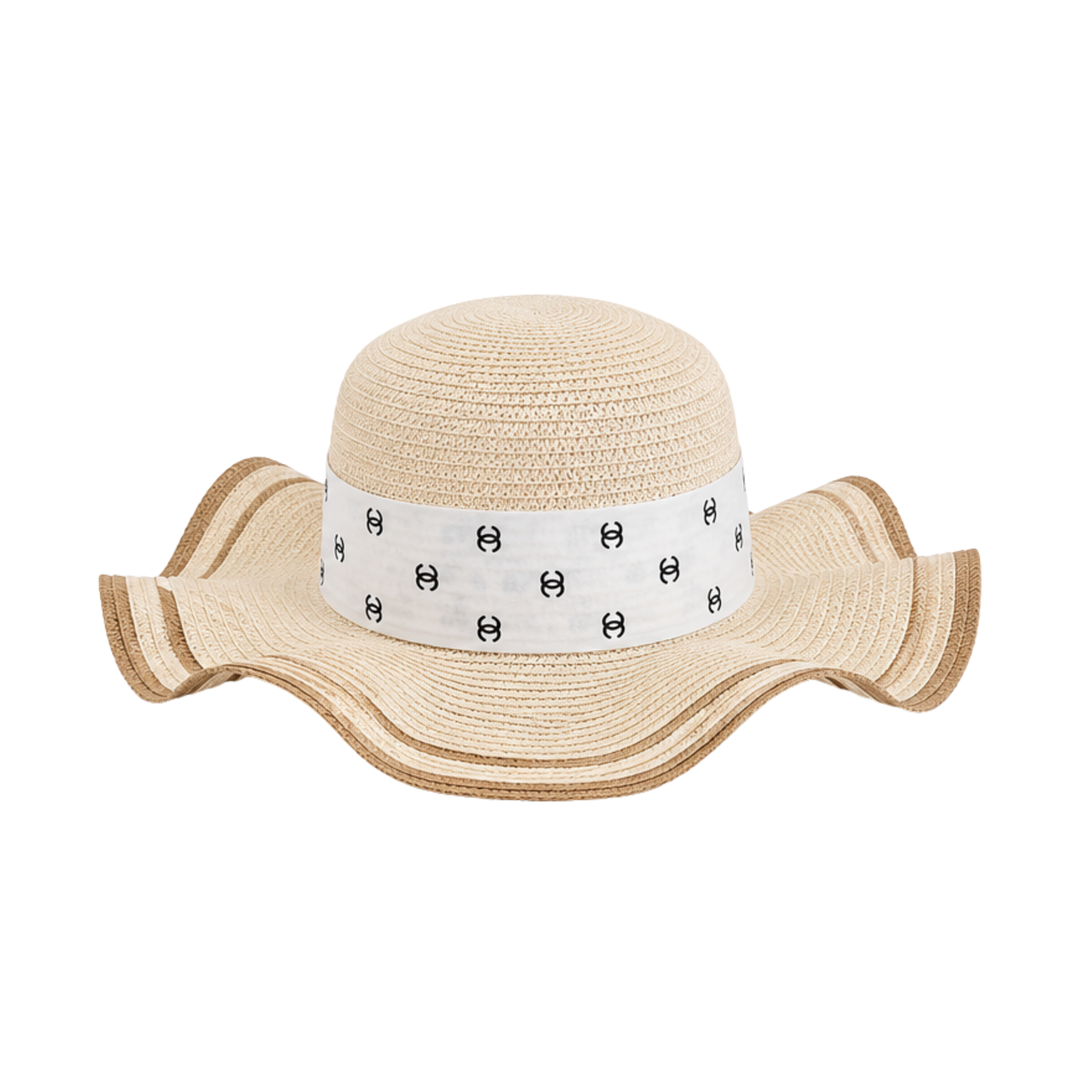 Chanel Wide-Brim CC Denim Band Straw Cap Beige