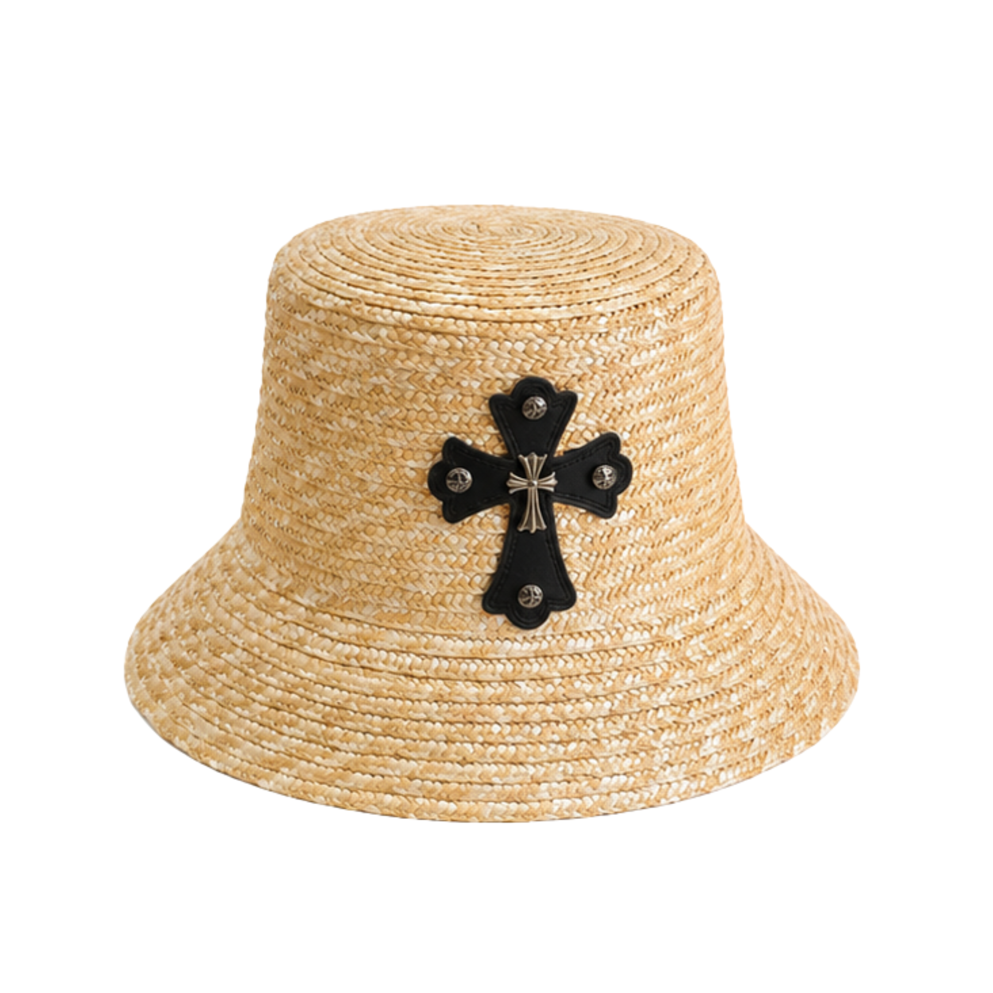 Chrome Hearts Cross Patch Straw Bucket Cap Natural Beige Black