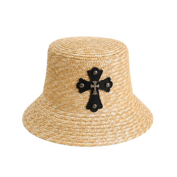 Chrome Hearts Cross Patch Straw Bucket Cap Natural Beige Black