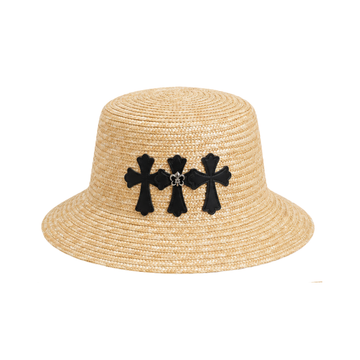 Chrome Hearts Leather Cross Straw Bucket Cap Beige Black