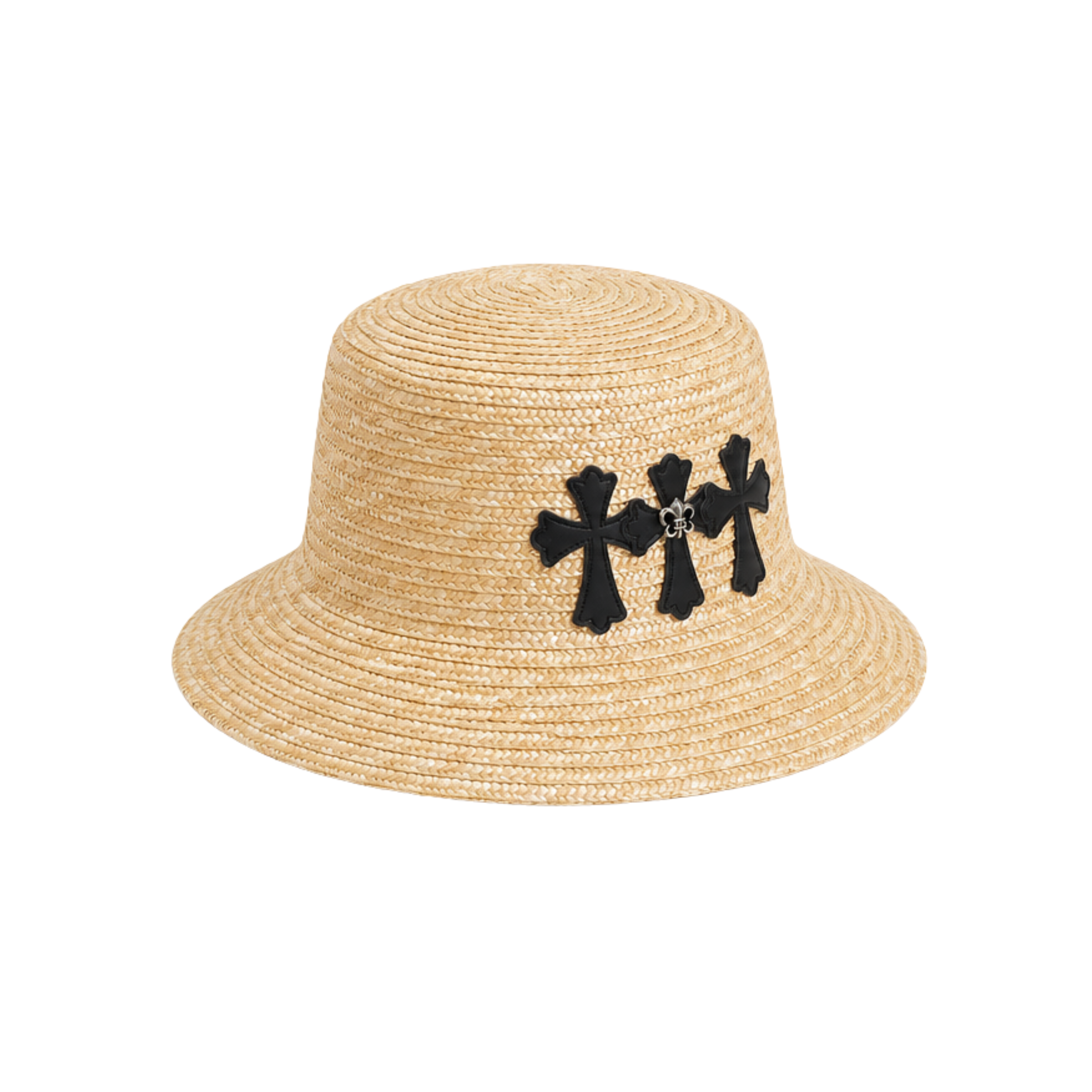 Chrome Hearts Leather Cross Straw Bucket Cap Beige Black