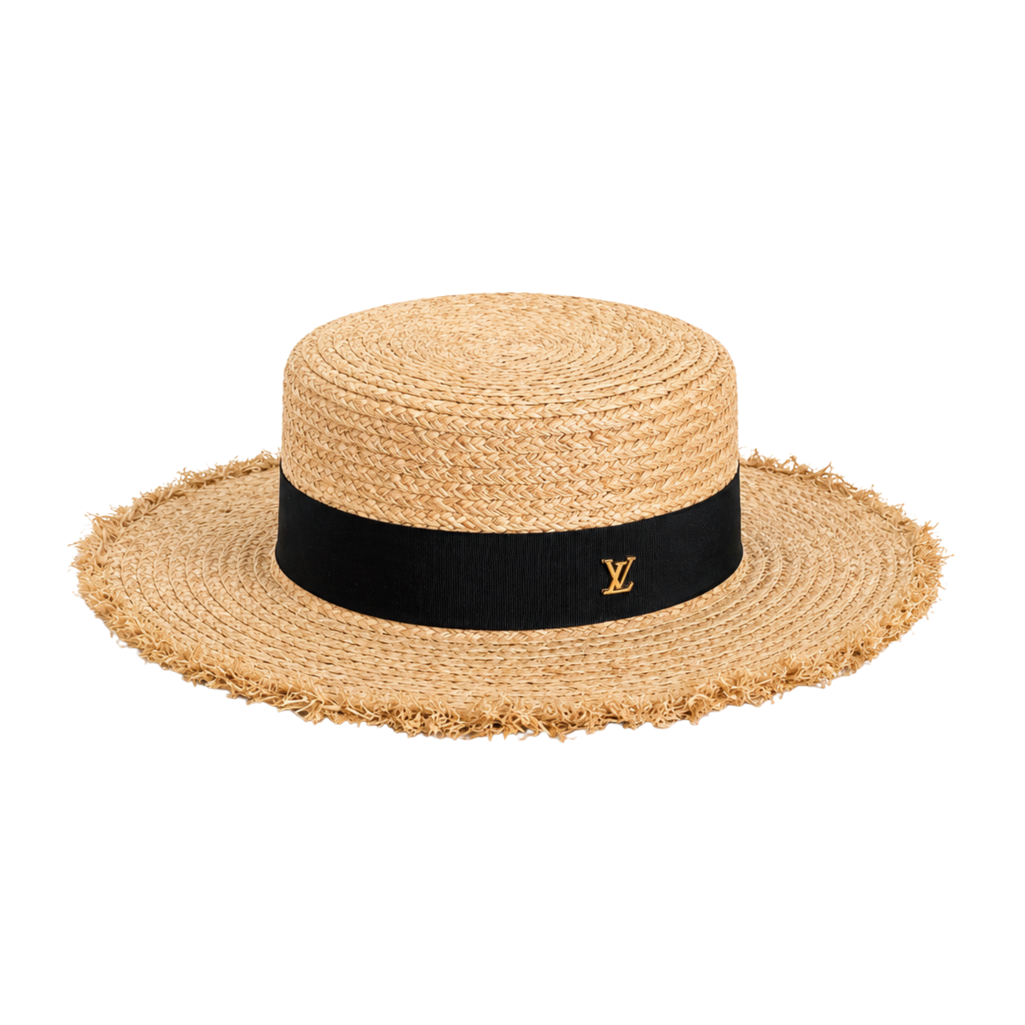 Louis Vuitton Natural Raffia Straw Boater Hat Black Band