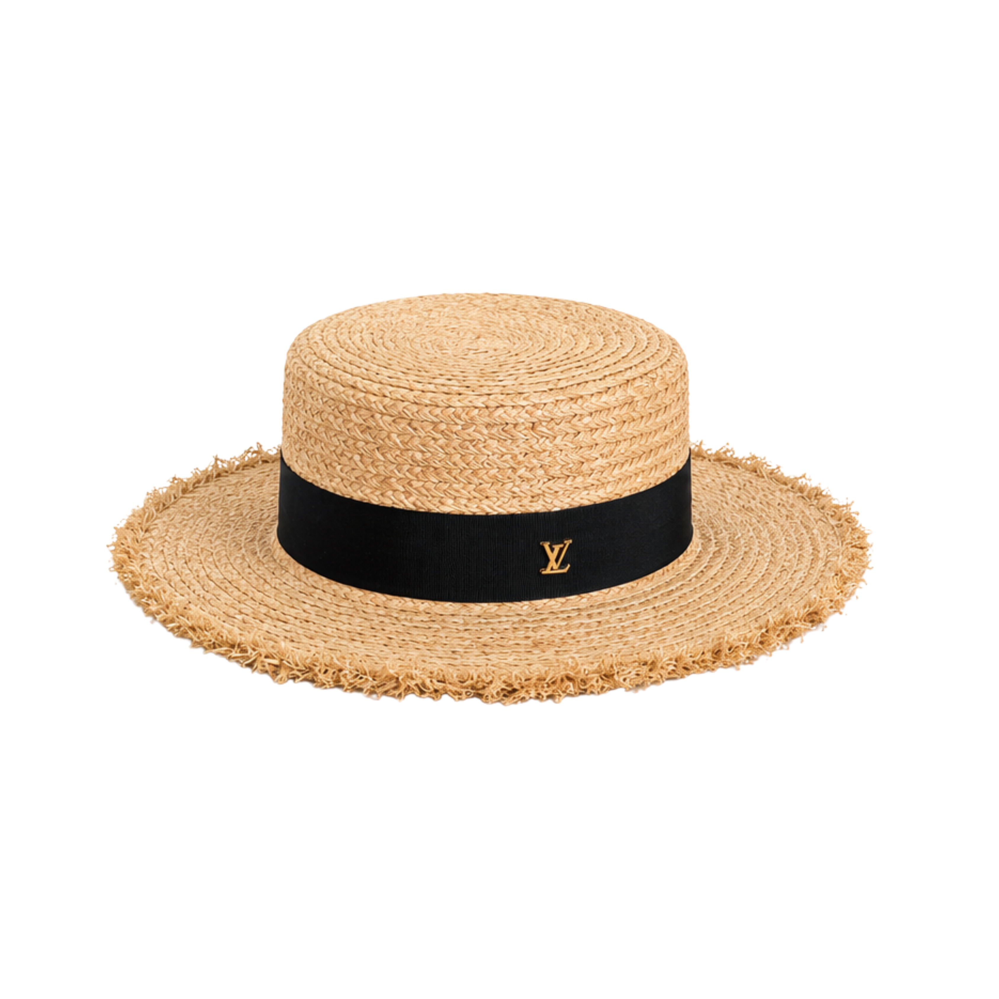 Louis Vuitton Natural Raffia Straw Boater Hat Black Band