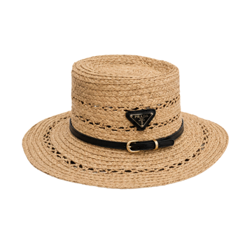 Prada Triangle Straw Boater Cap Beige Black