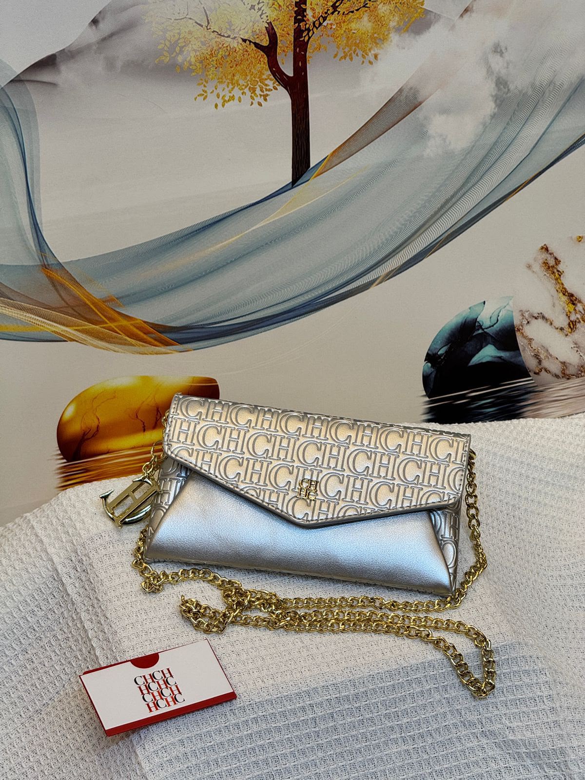 Carolina Herrera Bag Envelope Crossbody Wallet on Chain Silver