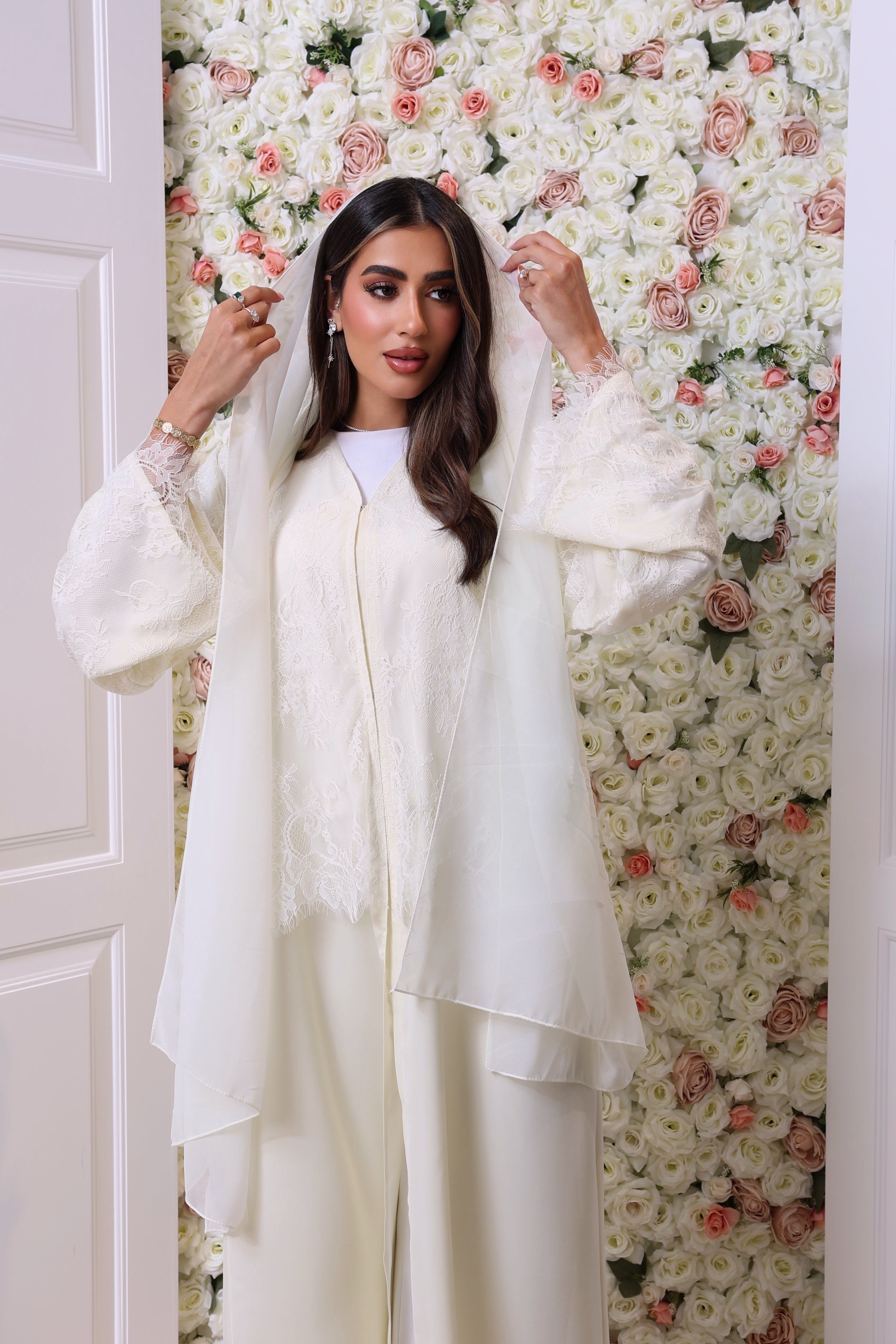Butter yellow half lace abaya