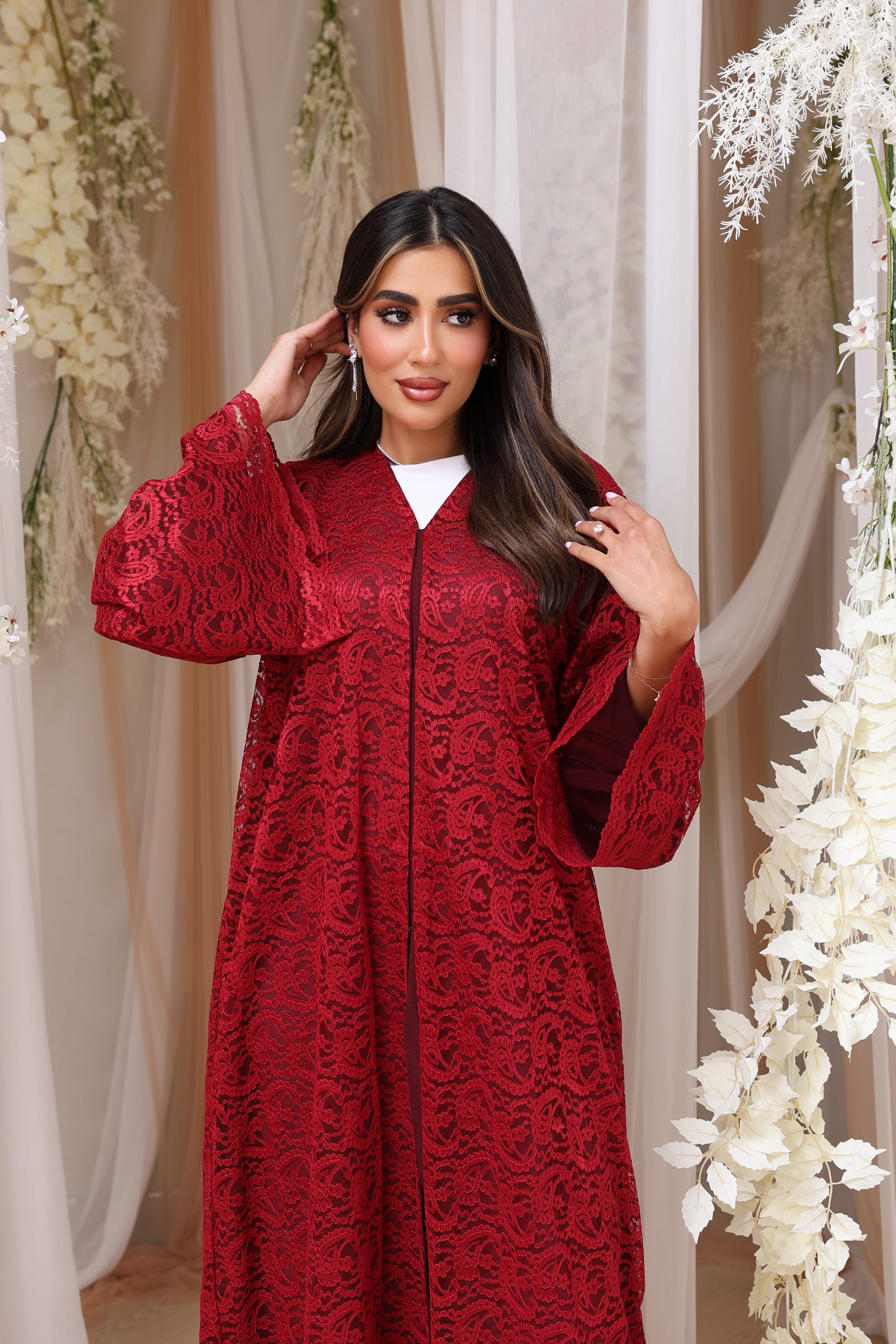 Maroon lace abaya