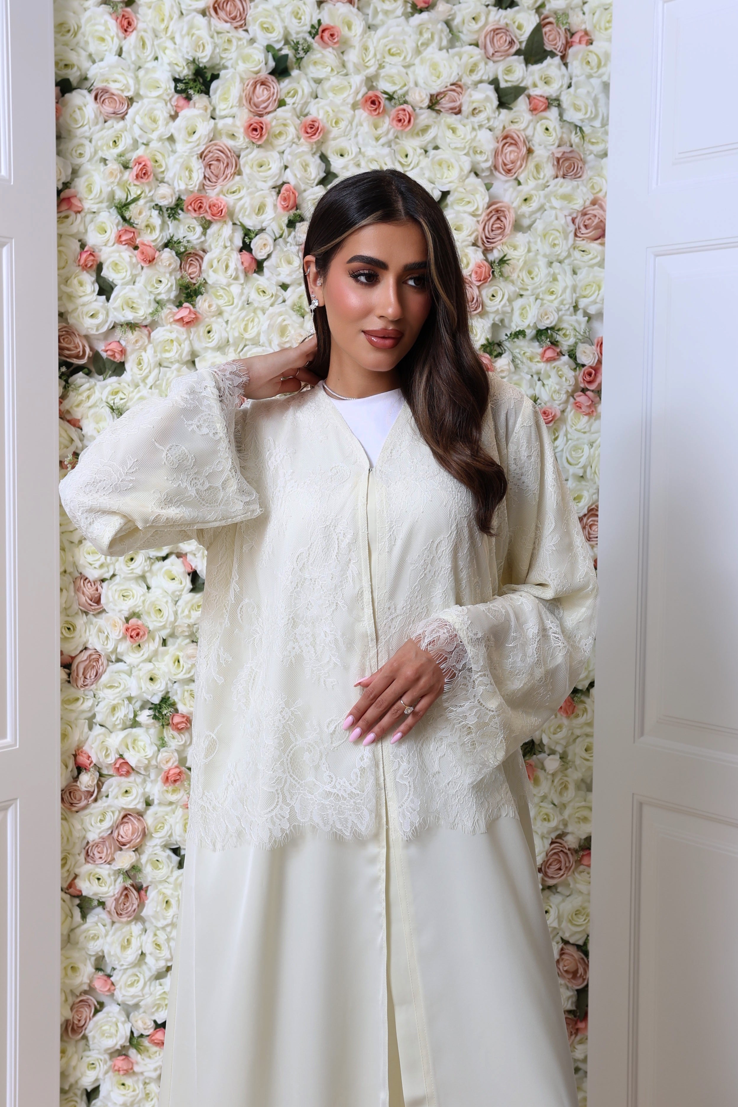 Butter yellow half lace abaya