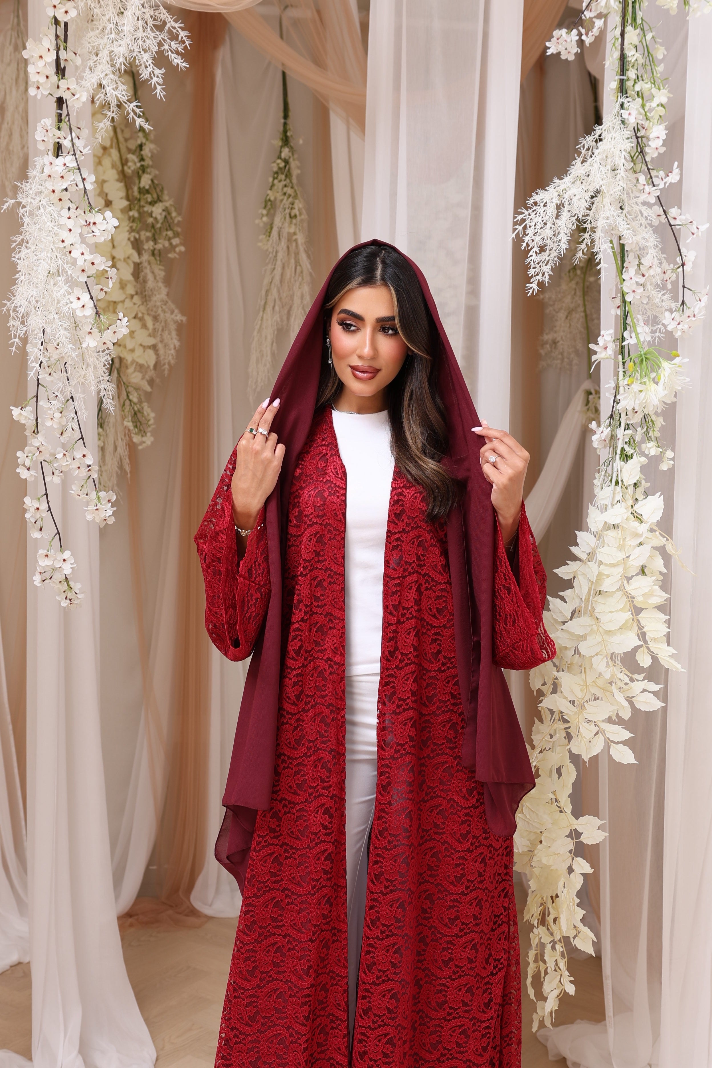 Maroon lace abaya