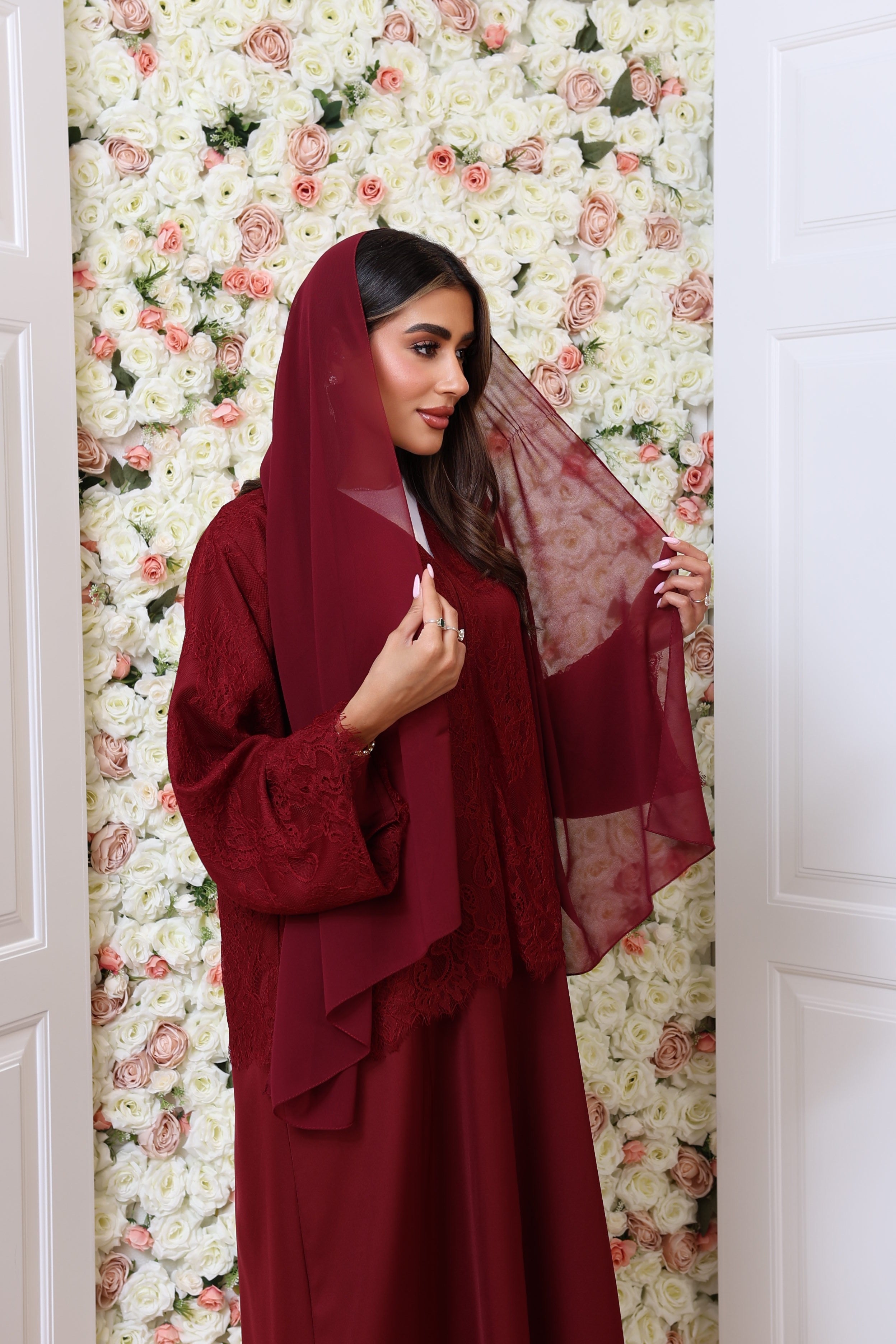 Maroon half lace abaya
