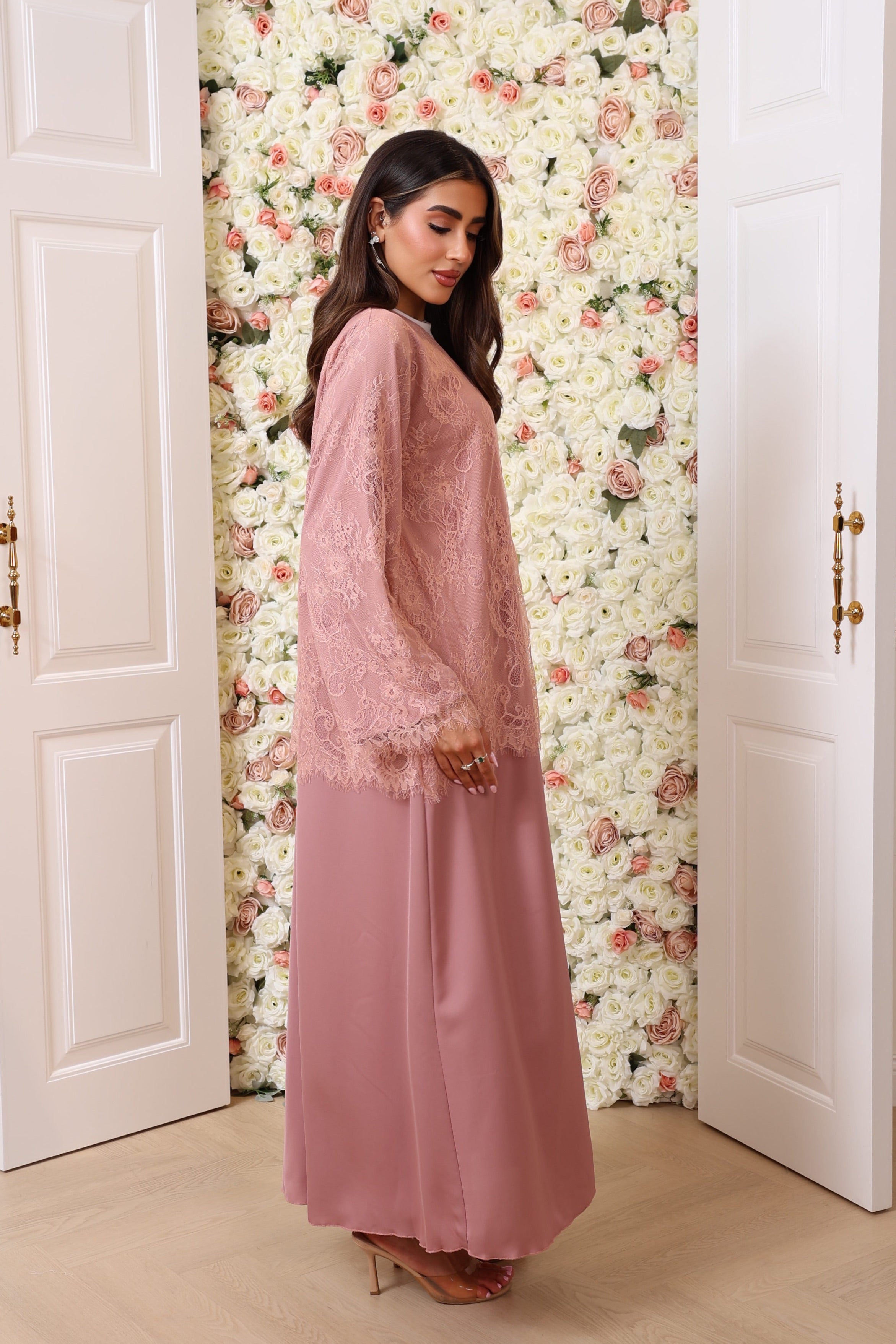 Pink half lace abaya