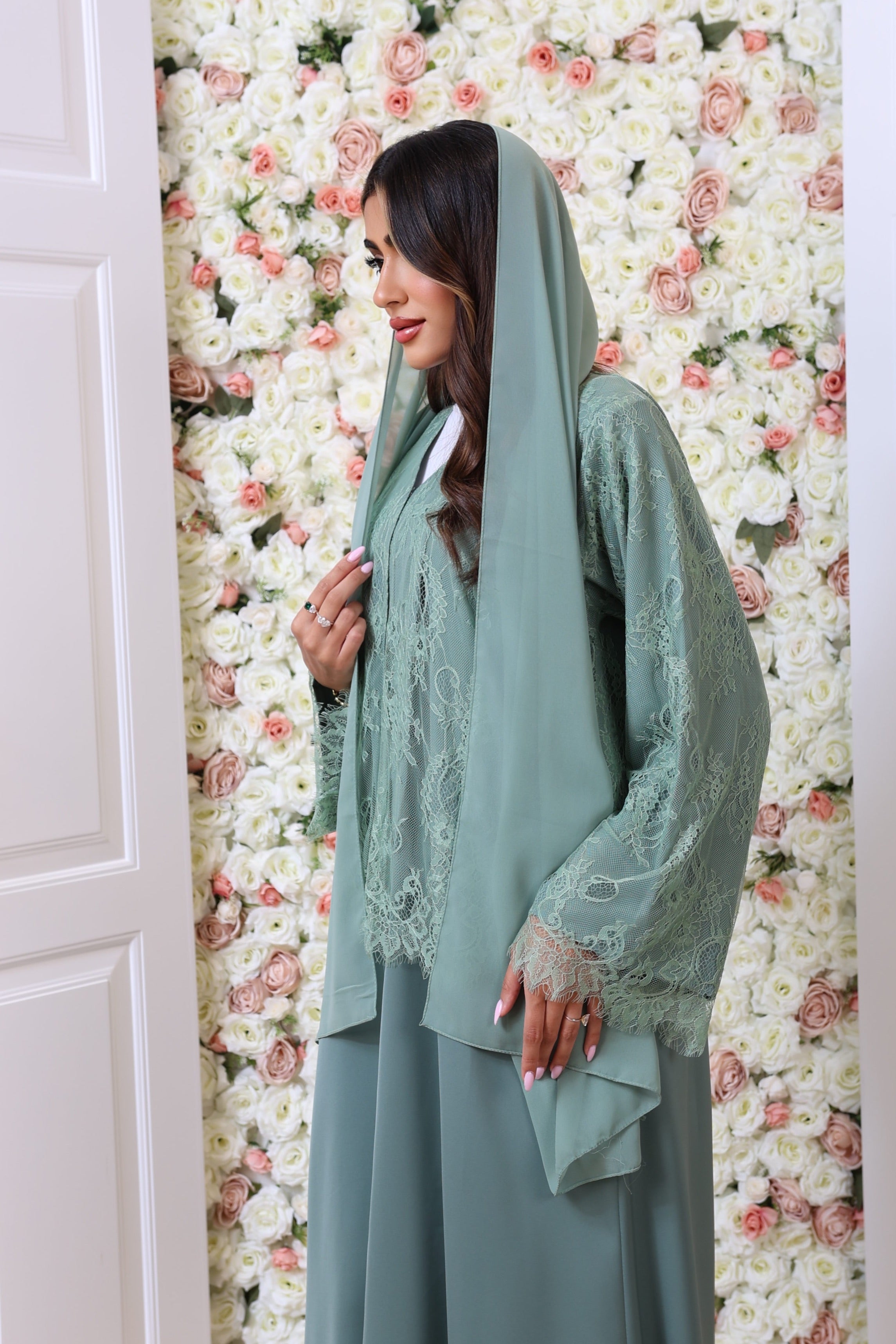 Mint half lace abaya
