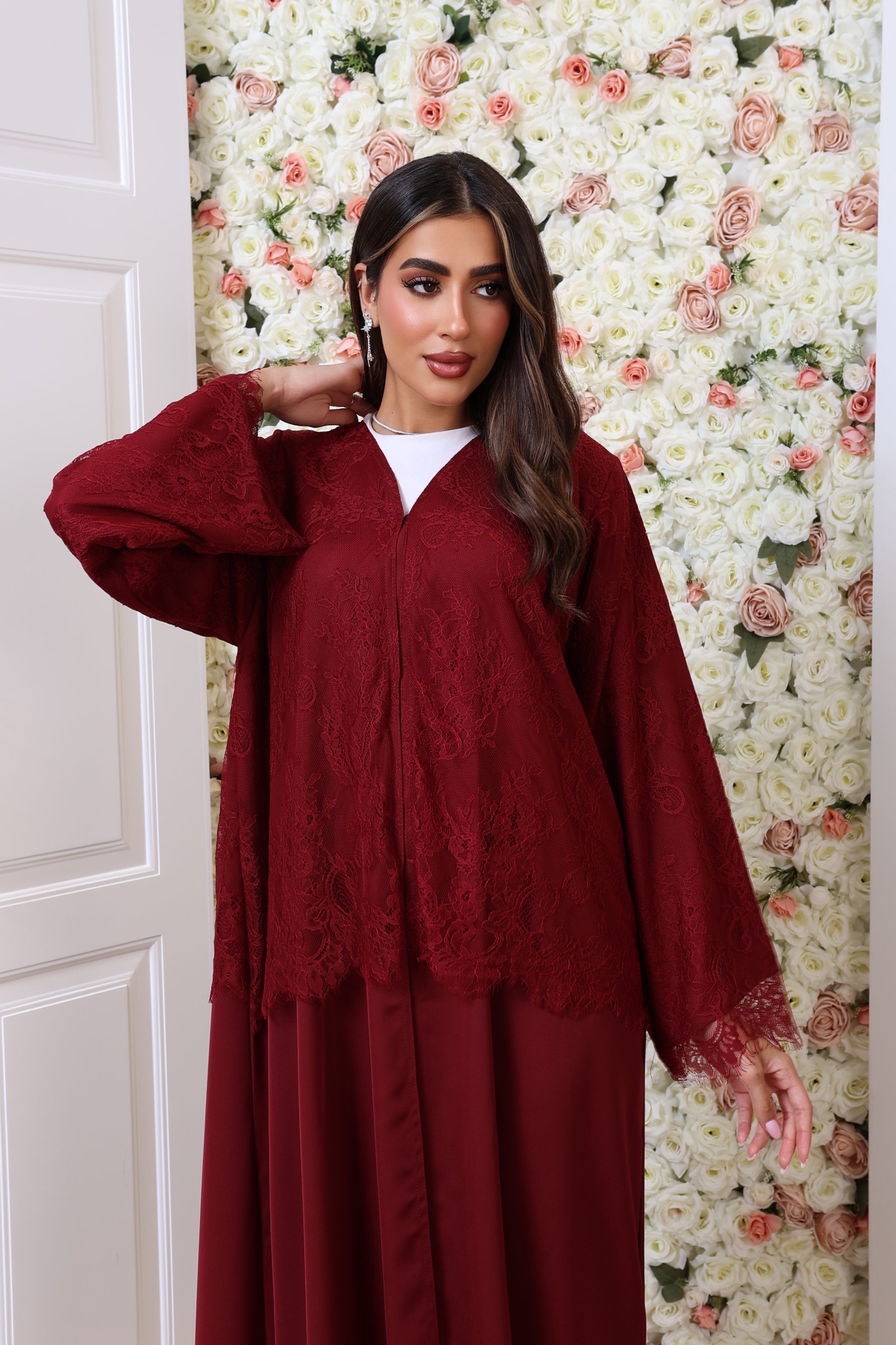 Maroon half lace abaya