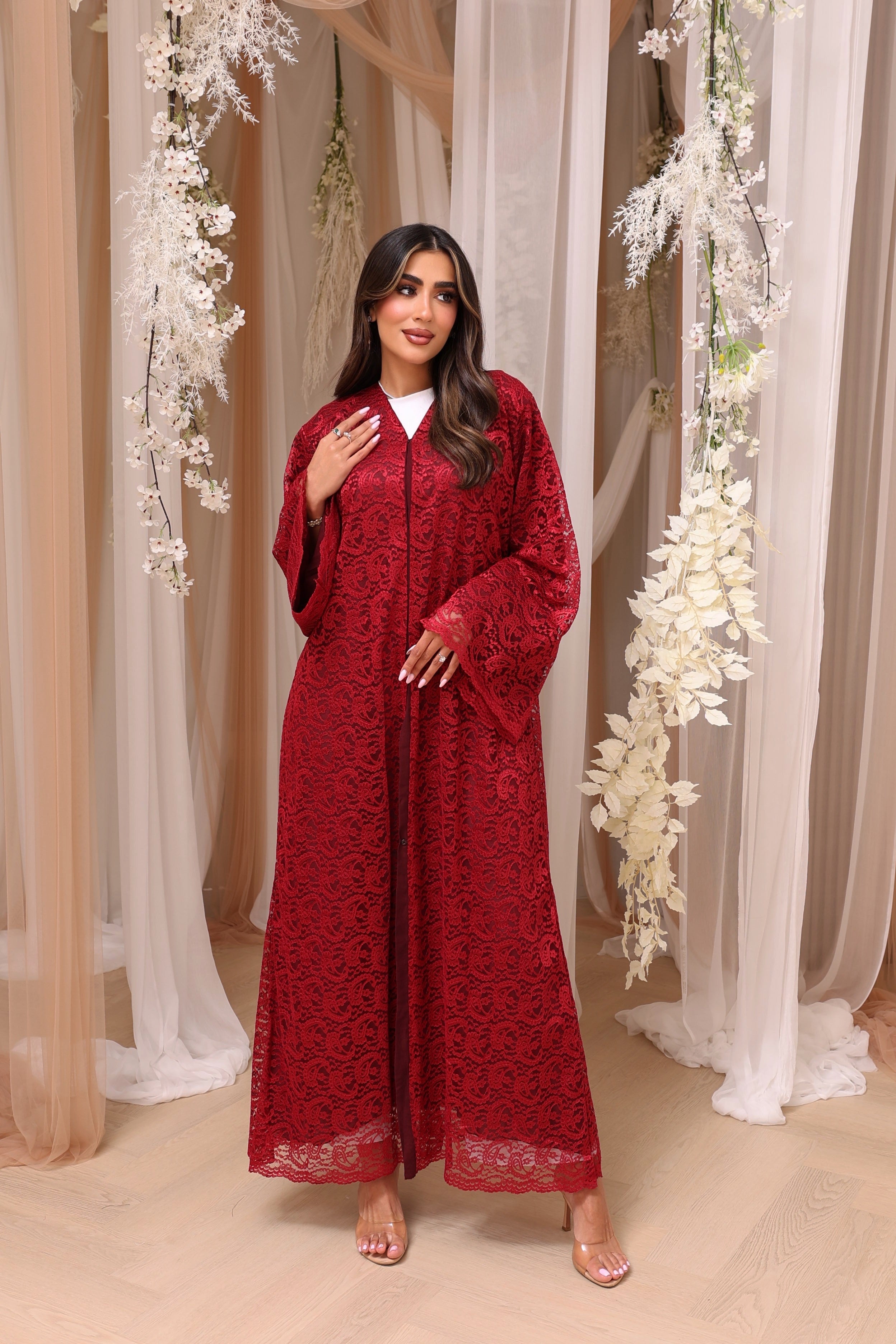 Maroon lace abaya