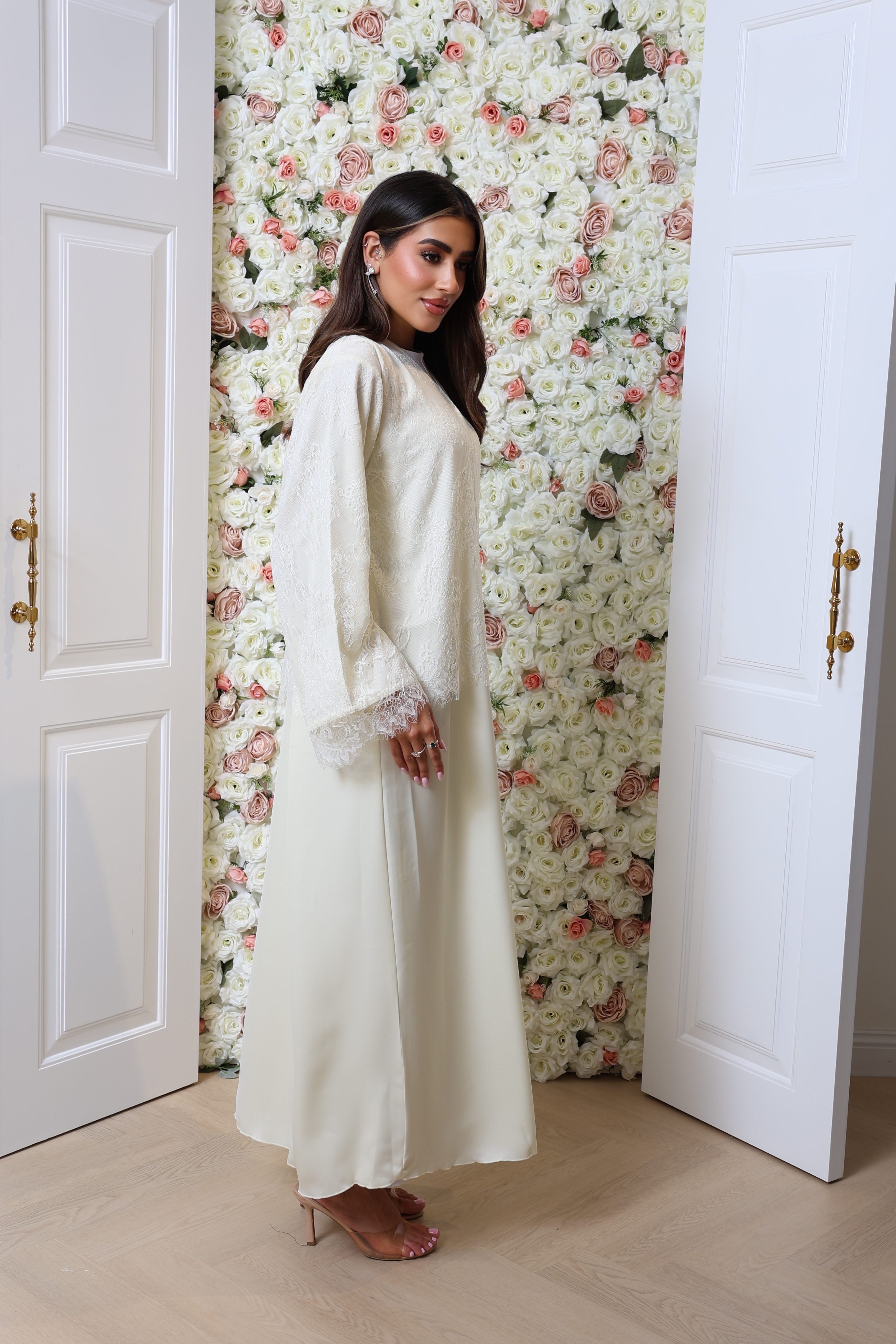 Butter yellow half lace abaya