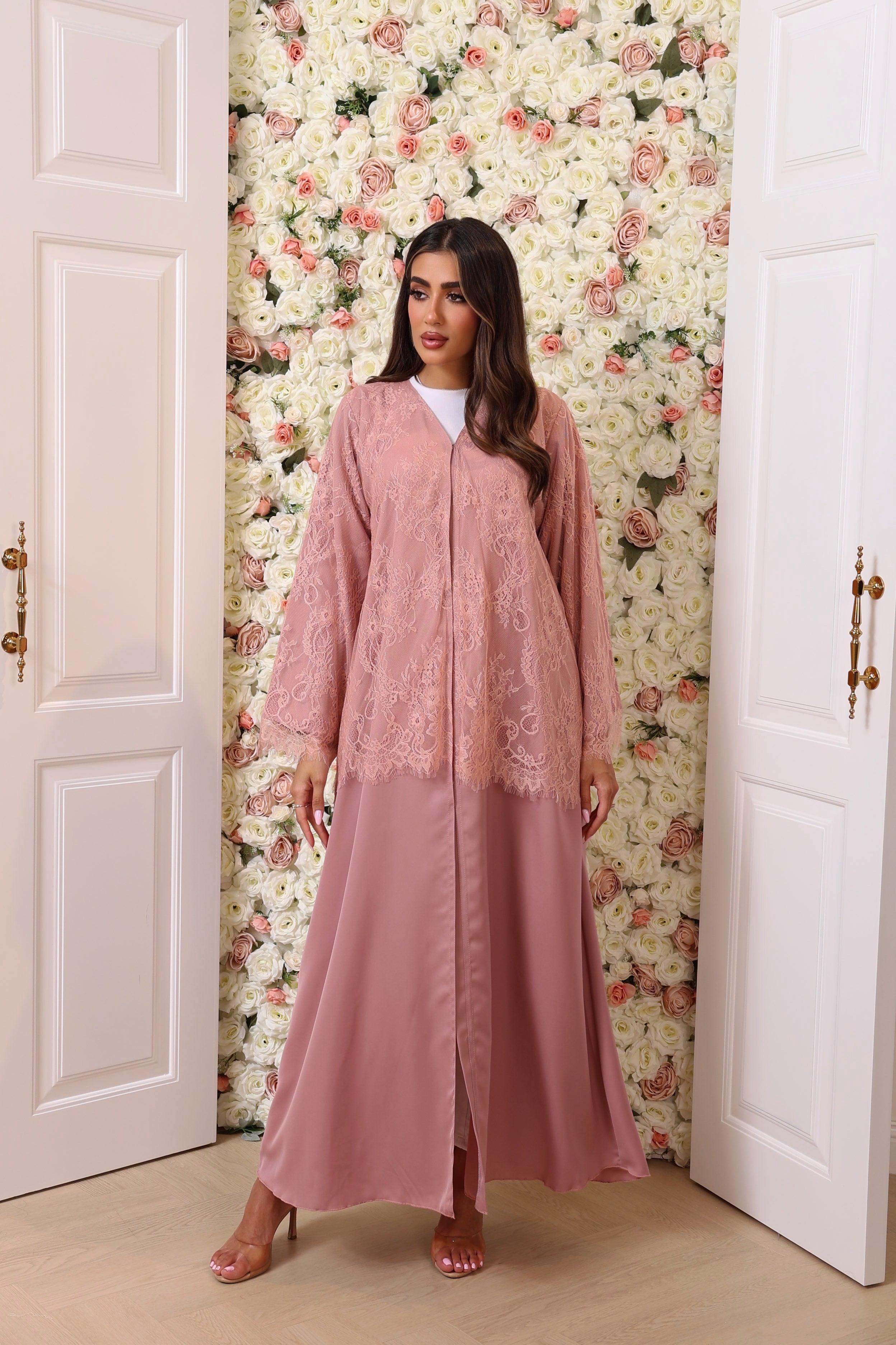 Pink half lace abaya