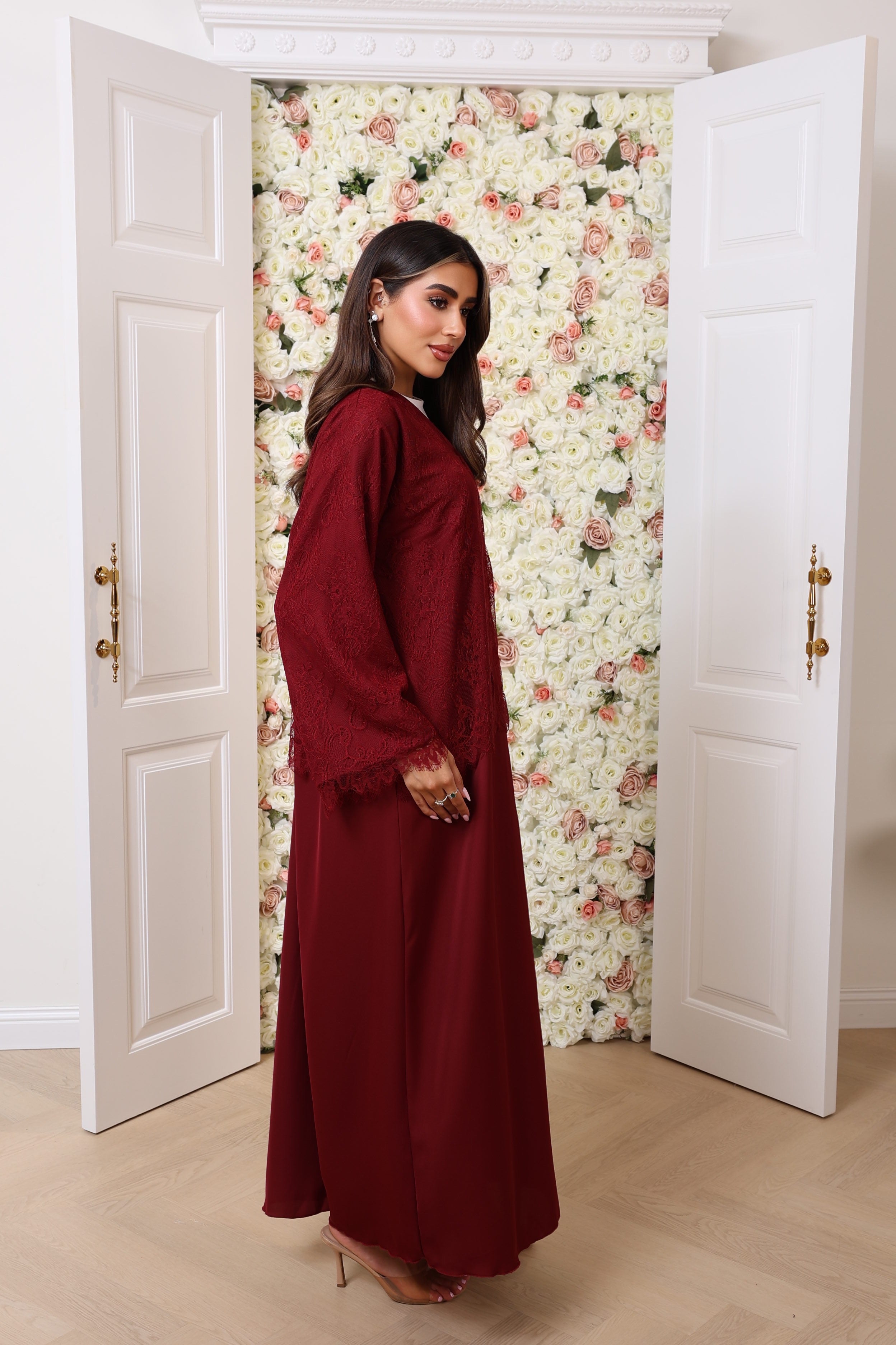 Maroon half lace abaya