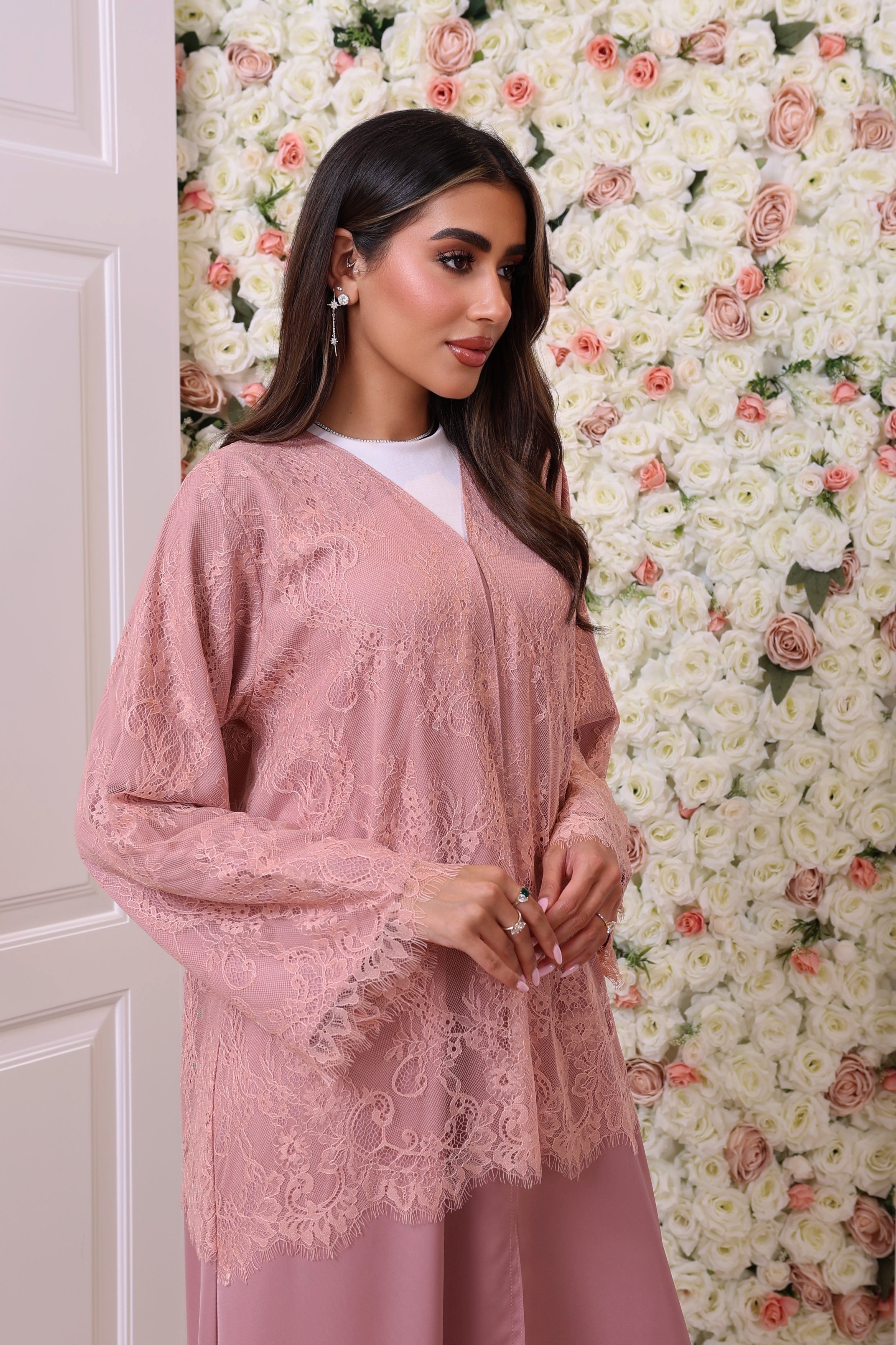 Pink half lace abaya