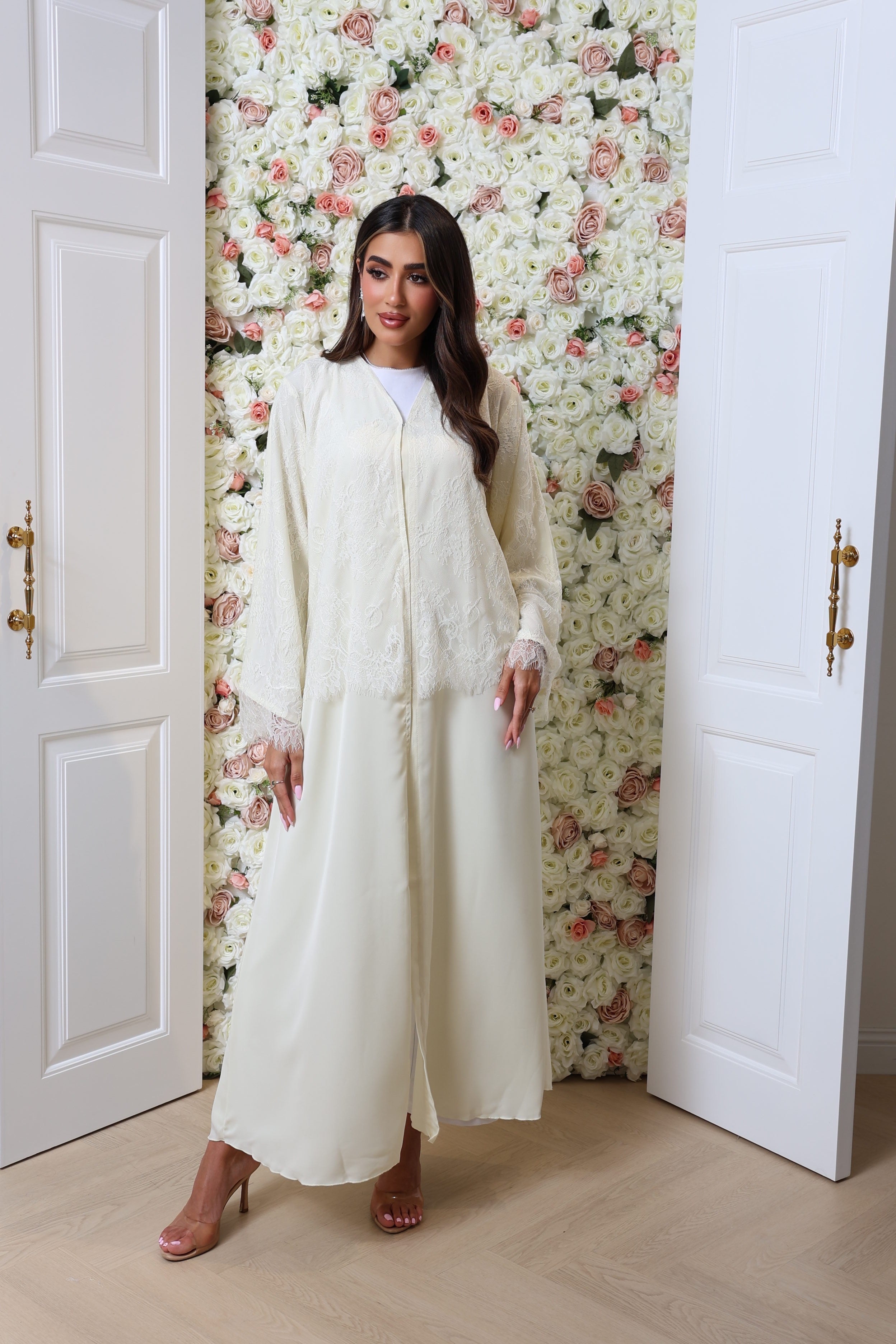 Butter yellow half lace abaya