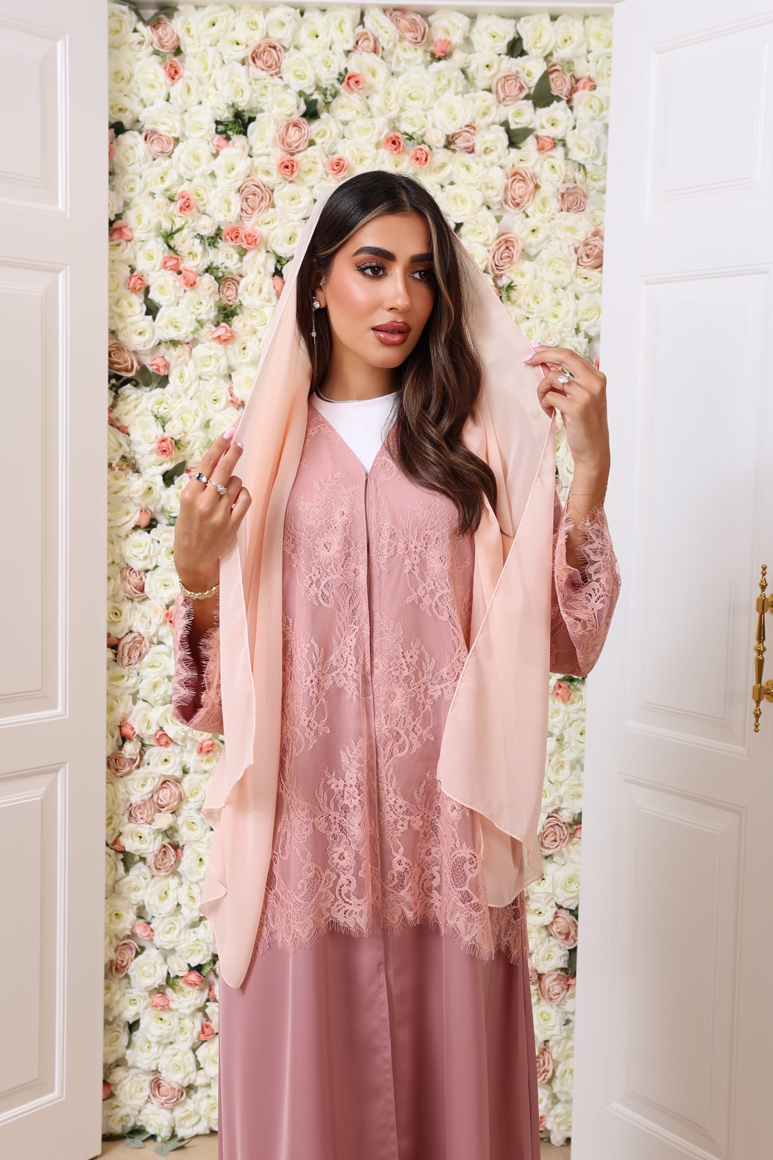 Pink half lace abaya