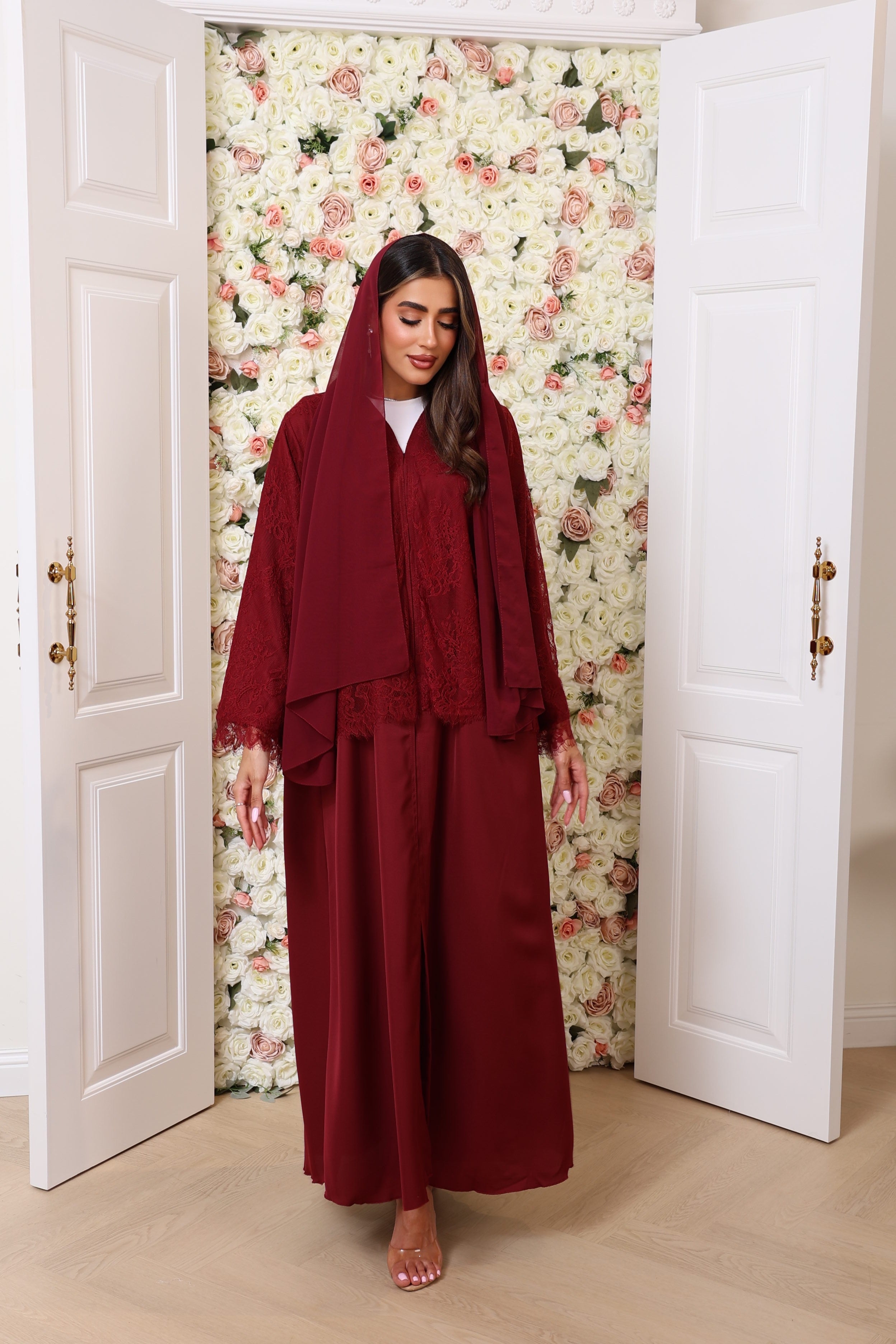 Maroon half lace abaya