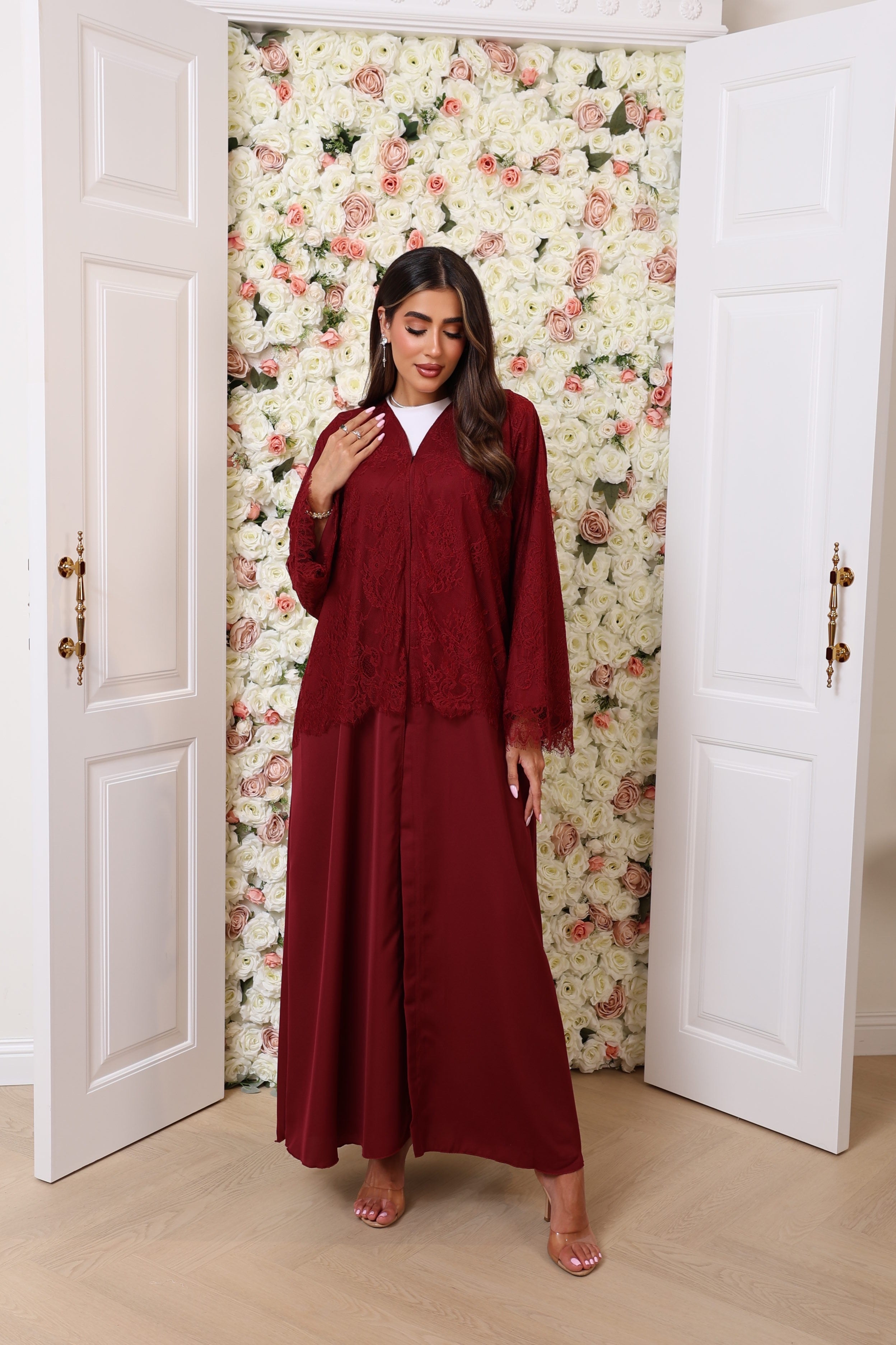 Maroon half lace abaya