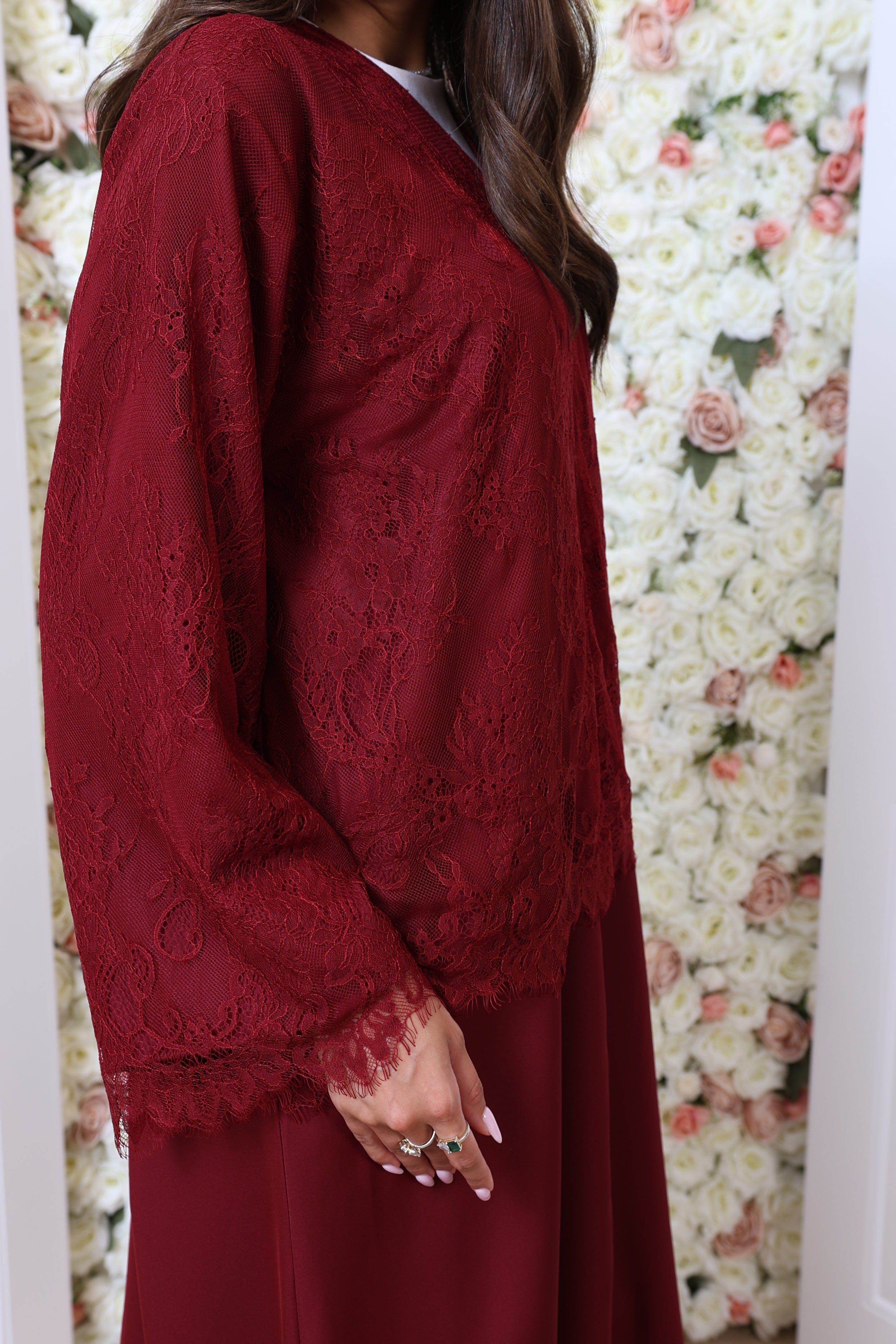 Maroon half lace abaya