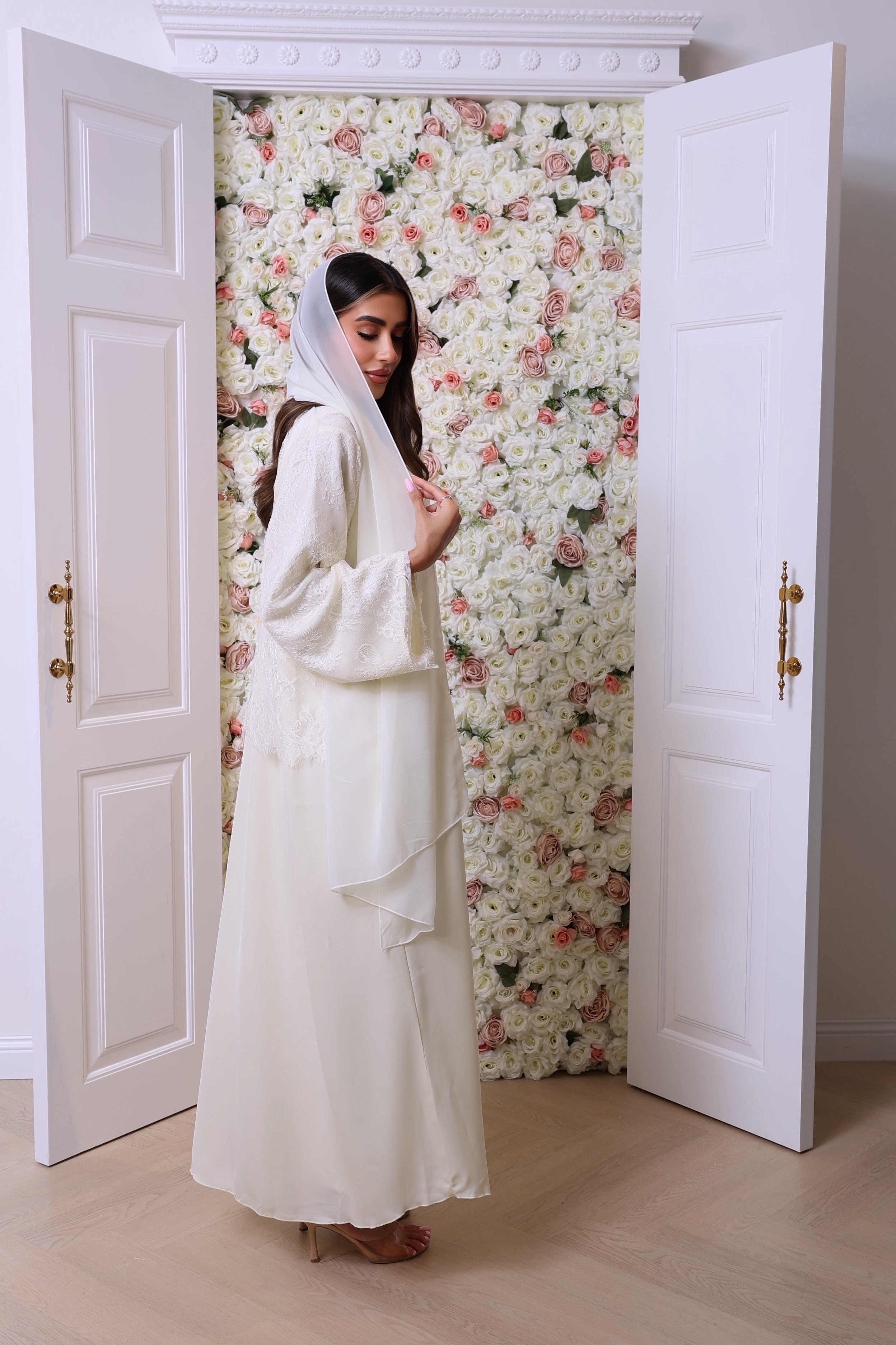 Butter yellow half lace abaya